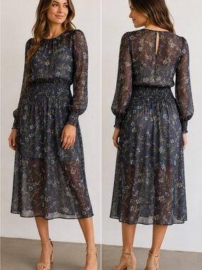 The|Grey Blue Floral Sheer Chiffon Smocked Waist Midi Dress